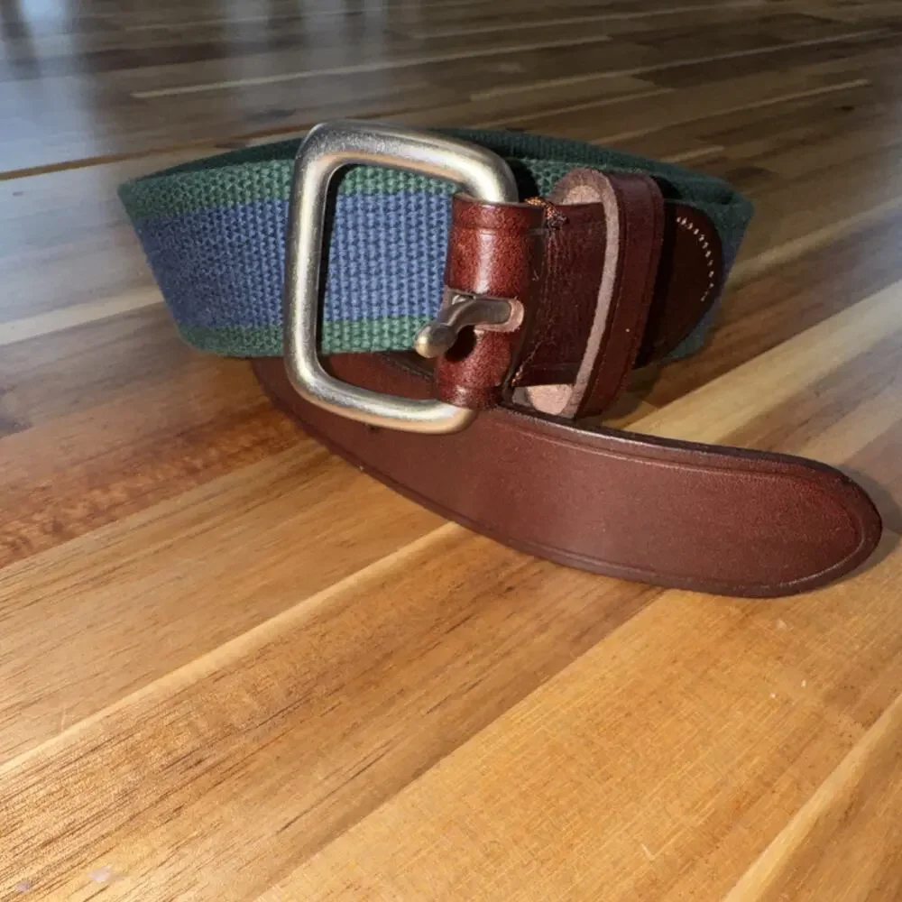 J.Crew 30 Men's Adjustable Belt Silver Buckle Striped Brown Blue Green size 30‎